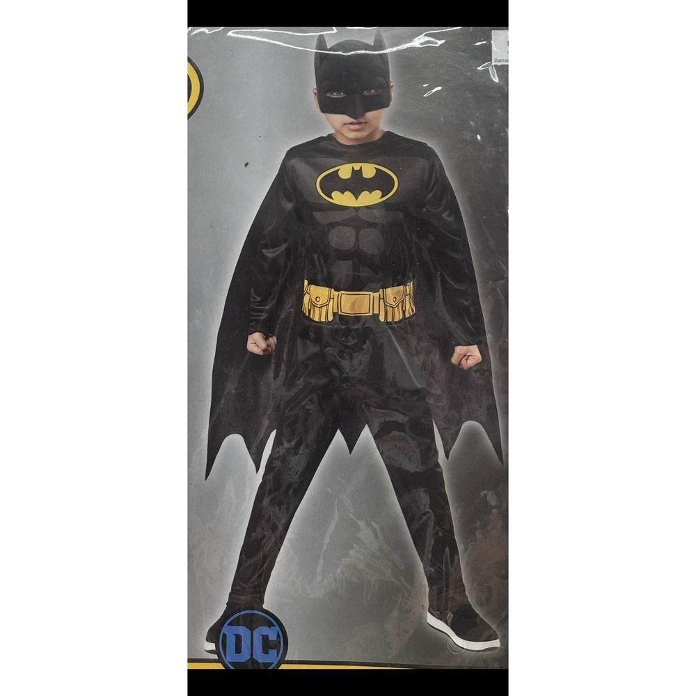 Kids DC Batman Halloween Costume Jumpsuit, Cape, Mask Sz S (4-6) 3-4 Years NWT